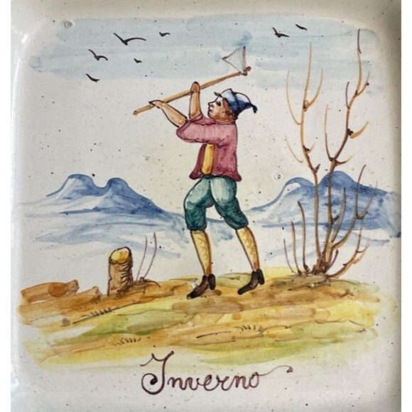 Set of 4 Hand Painted SEASONS Square Plates 9" Italy Vintage RARE - Picture 11 of 16